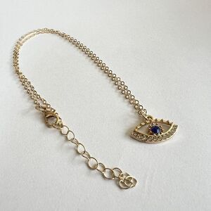 NEW Evil Eye Gold Rhinestone Blue White Necklace 16” chain lobster claw clasp